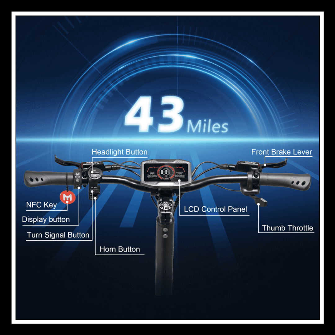 YUME HAWK electric scooter handlebars showing control panel features and range of 43 miles.