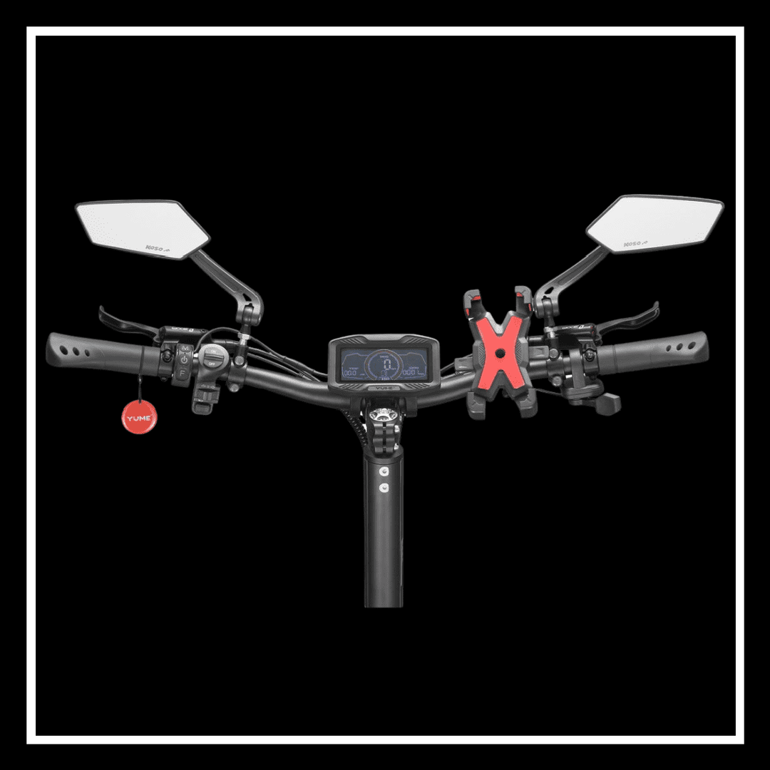 YUME HAWK electric scooter handlebars with display, mirrors, and phone holder, showcasing advanced features.