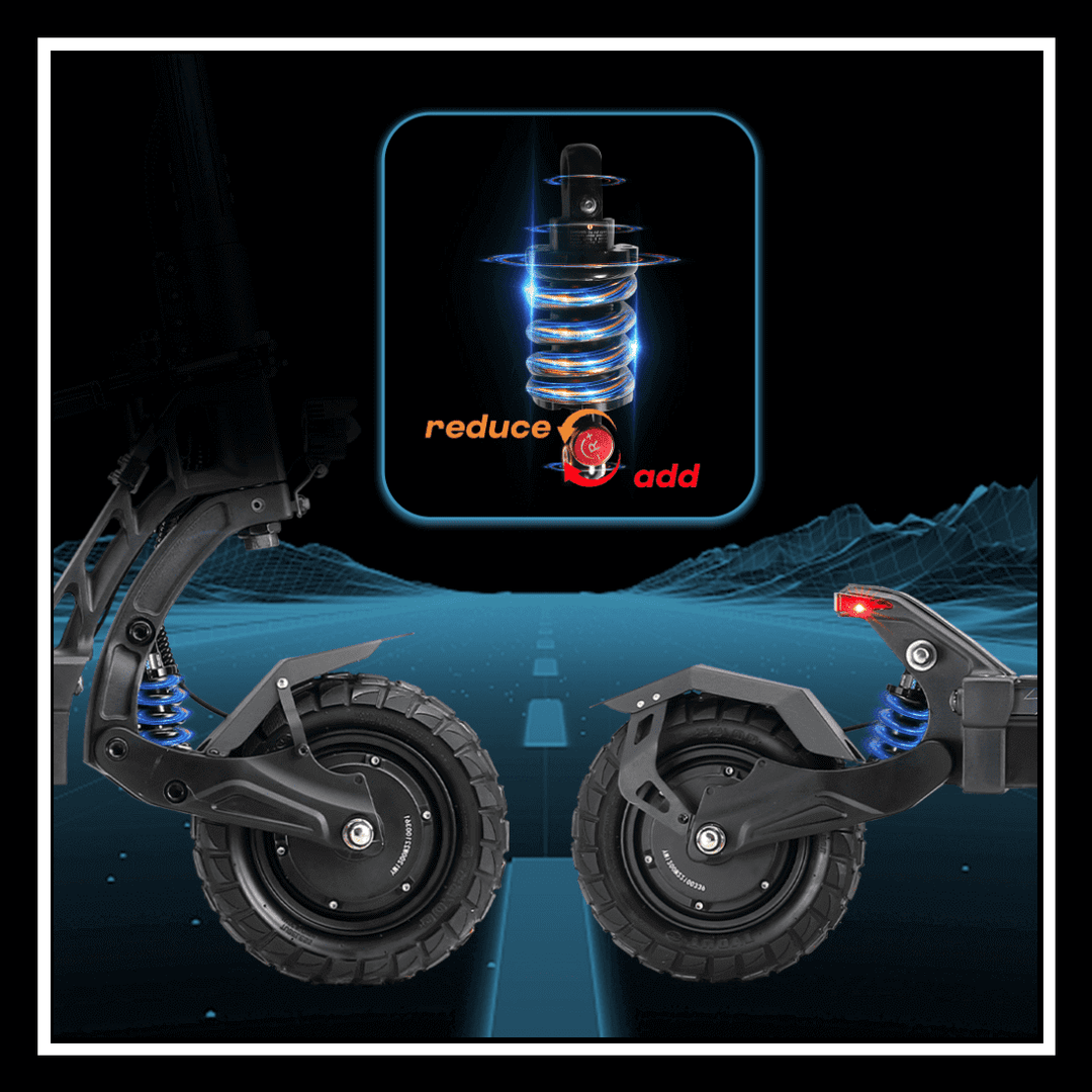 YUME HAWK electric scooter showing advanced suspension system with adjustable shock absorbers for a smoother ride.