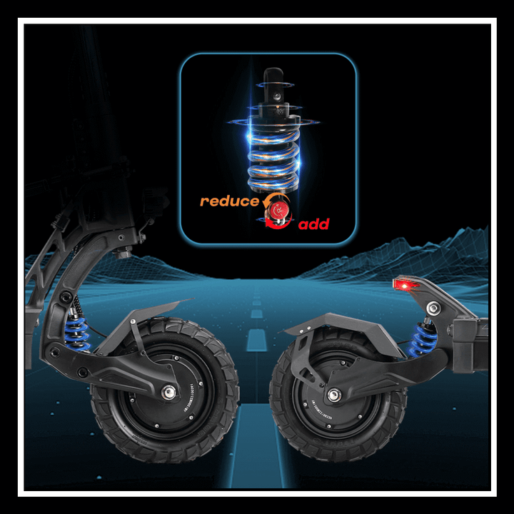 YUME HAWK electric scooter showing advanced suspension system with adjustable shock absorbers for a smoother ride.