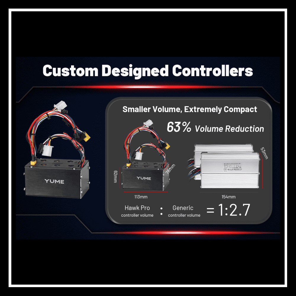 Custom designed controllers comparison for YUME Hawk Pro electric scooter with volume reduction details.