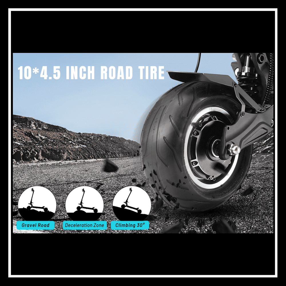 Detailed view of the 10*4.5 inch road tire on the YUME Hawk Pro electric scooter, suitable for various terrains.
