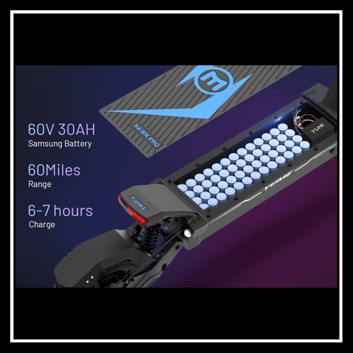 YUME Hawk Pro electric scooter features 60V 30AH Samsung battery with 60 miles range and 6-7 hours charge time.