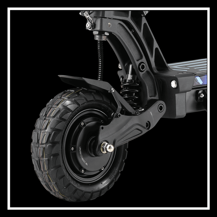 YUME Hawk Pro electric scooter close-up view of the front wheel and suspension system.