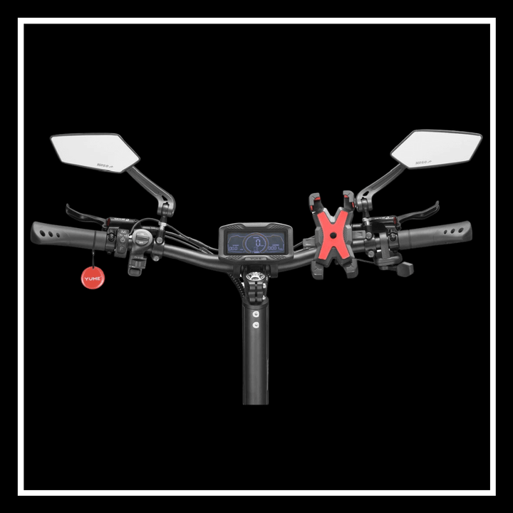 YUME Hawk Pro electric scooter handlebars with display and mirrors, showcasing high-performance controls.
