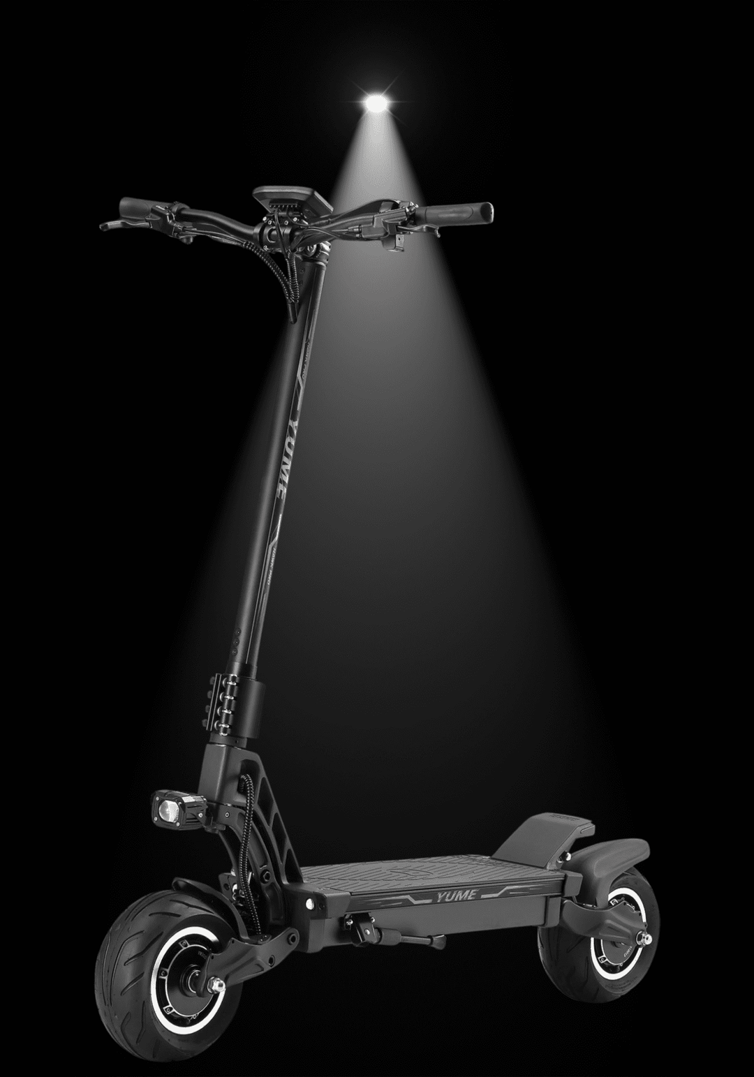 YUME Hawk Pro electric scooter featuring a high-performance design and bright front light in a dramatic spotlight.
