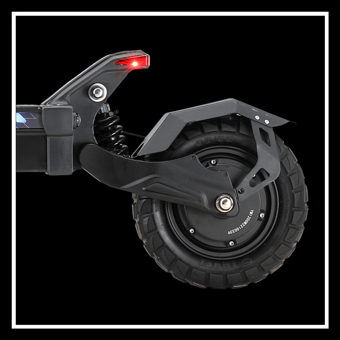 YUME Hawk Pro electric scooter rear wheel and suspension showing high-performance design and LED light