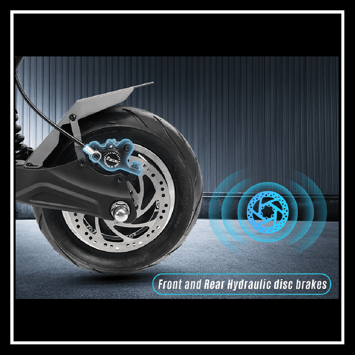YUME Hawk Pro electric scooter featuring front and rear hydraulic disc brakes for enhanced safety and performance.