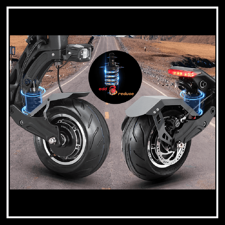 YUME Hawk Pro electric scooter close-up showing the strong dual tires and suspension system for smooth rides.