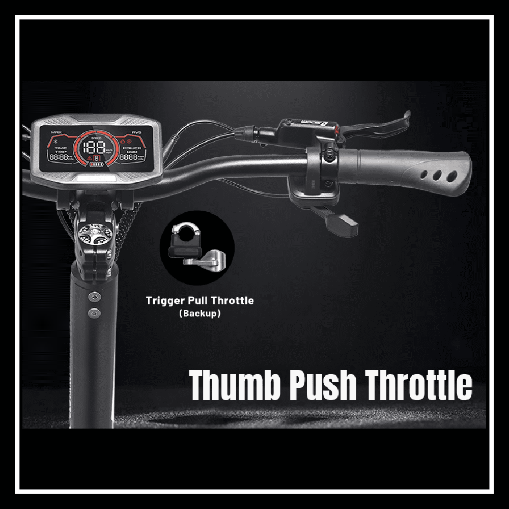 YUME Hawk Pro electric scooter handlebar with thumb push throttle and backup trigger pull throttle.