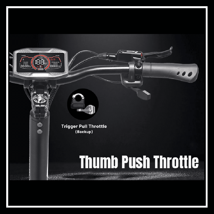 YUME Hawk Pro electric scooter handlebar with thumb push throttle and backup trigger pull throttle.