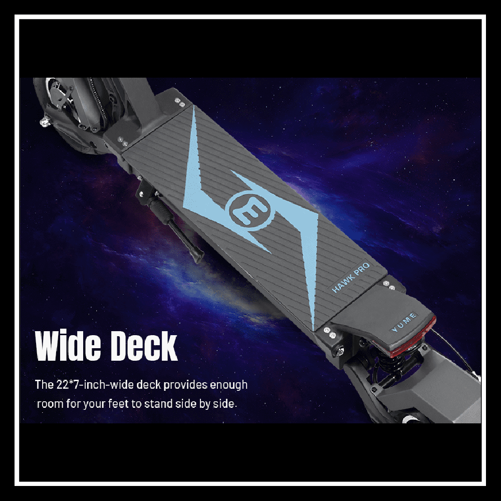 YUME Hawk Pro electric scooter wide deck providing enough room for feet to stand side by side.