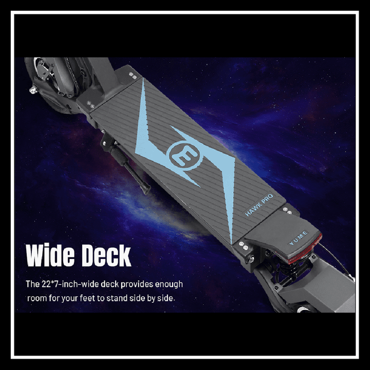 YUME Hawk Pro electric scooter wide deck providing enough room for feet to stand side by side.