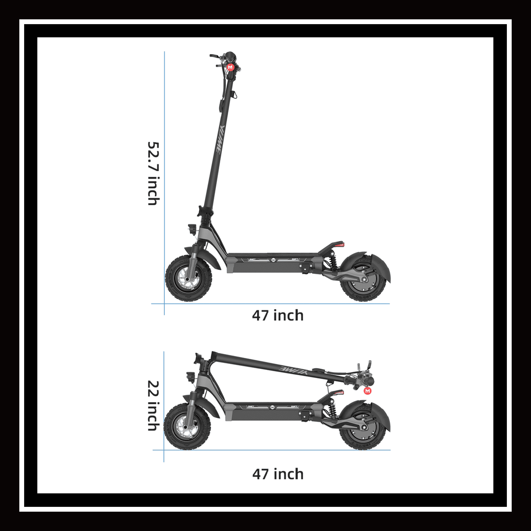 Yume Swift electric scooter dimensions, showing extended height of 52.7 inches and folded height of 22 inches.