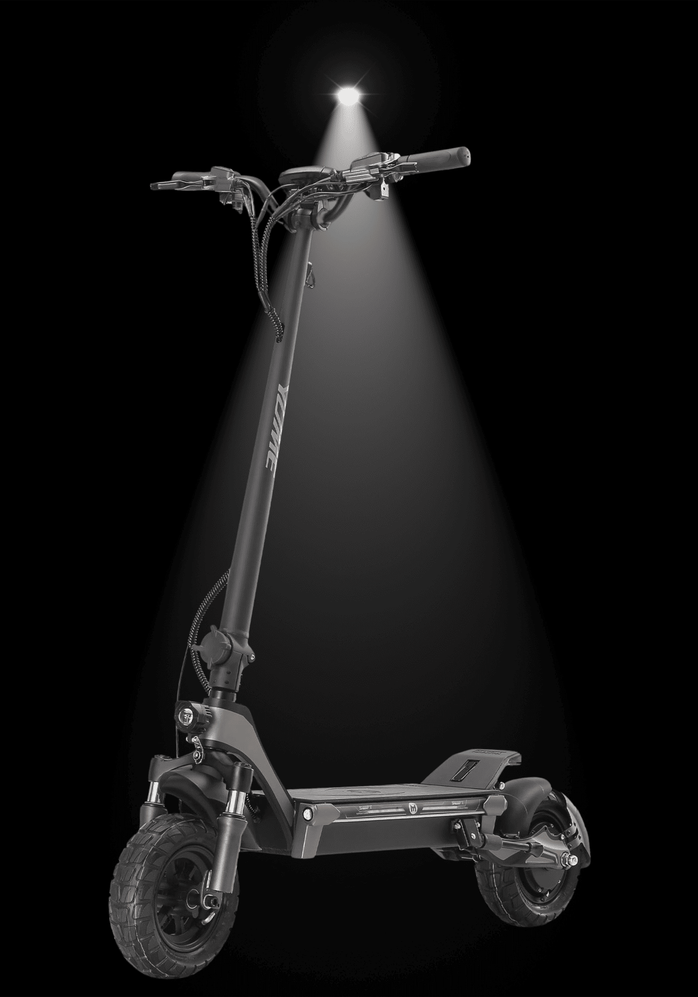 Yume Swift electric scooter illuminated against a black background highlighting its sleek design and features.