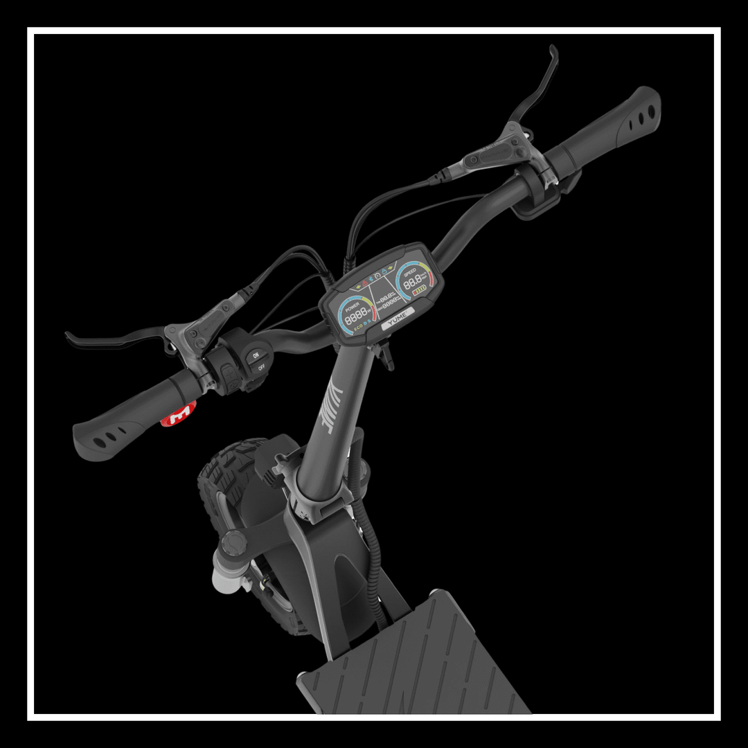 Yume Swift electric scooter handlebars with control panel showing speed and battery status.
