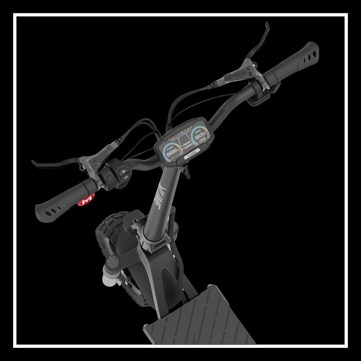 Yume Swift electric scooter handlebars with control panel showing speed and battery status.
