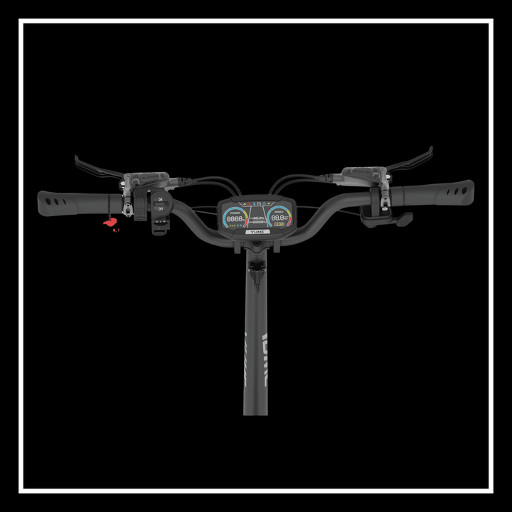 Yume Swift electric scooter handlebars with display and controls, showcasing an ergonomic design and user-friendly interface.
