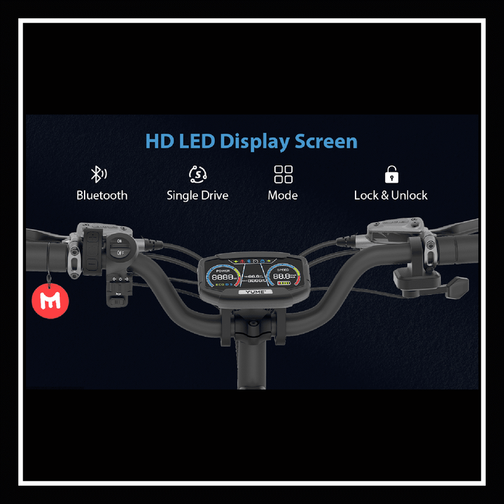 Yume Swift electric scooter HD LED display screen showing Bluetooth, single drive, mode, lock and unlock features.