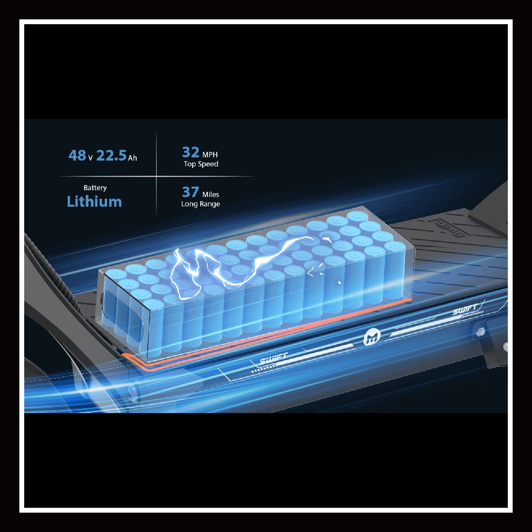 Yume Swift electric scooter battery specifications with 48V, 22.5Ah lithium battery and top speed of 32 MPH.