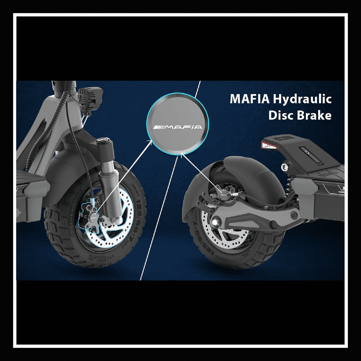 Yume Swift electric scooter featuring MAFIA hydraulic disc brake for enhanced safety and performance.