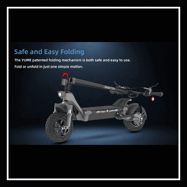 Yume Swift electric scooter showcasing its safe and easy folding mechanism for convenient use.