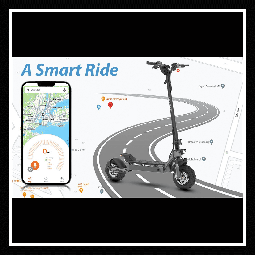 Yume Swift electric scooter displayed alongside a smartphone map, promoting a smart ride experience.