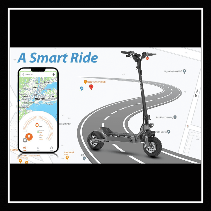 Yume Swift electric scooter displayed alongside a smartphone map, promoting a smart ride experience.