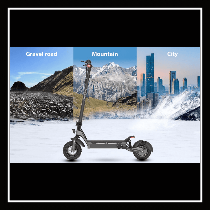 Yume Swift electric scooter displayed with backgrounds of gravel road, mountain, and cityscape.