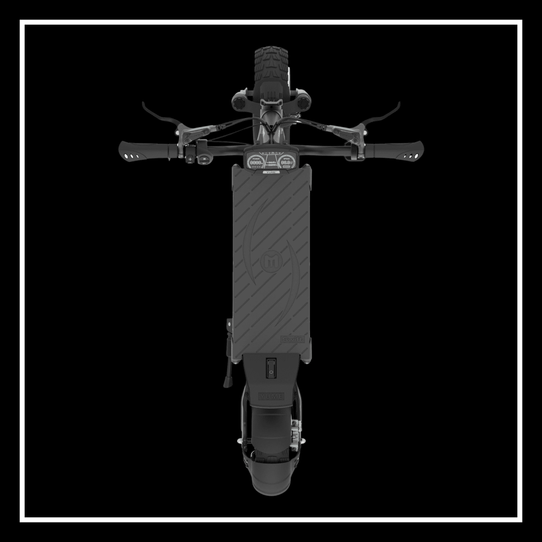 Top view of Yume Swift electric scooter featuring sleek design and modern handlebars.