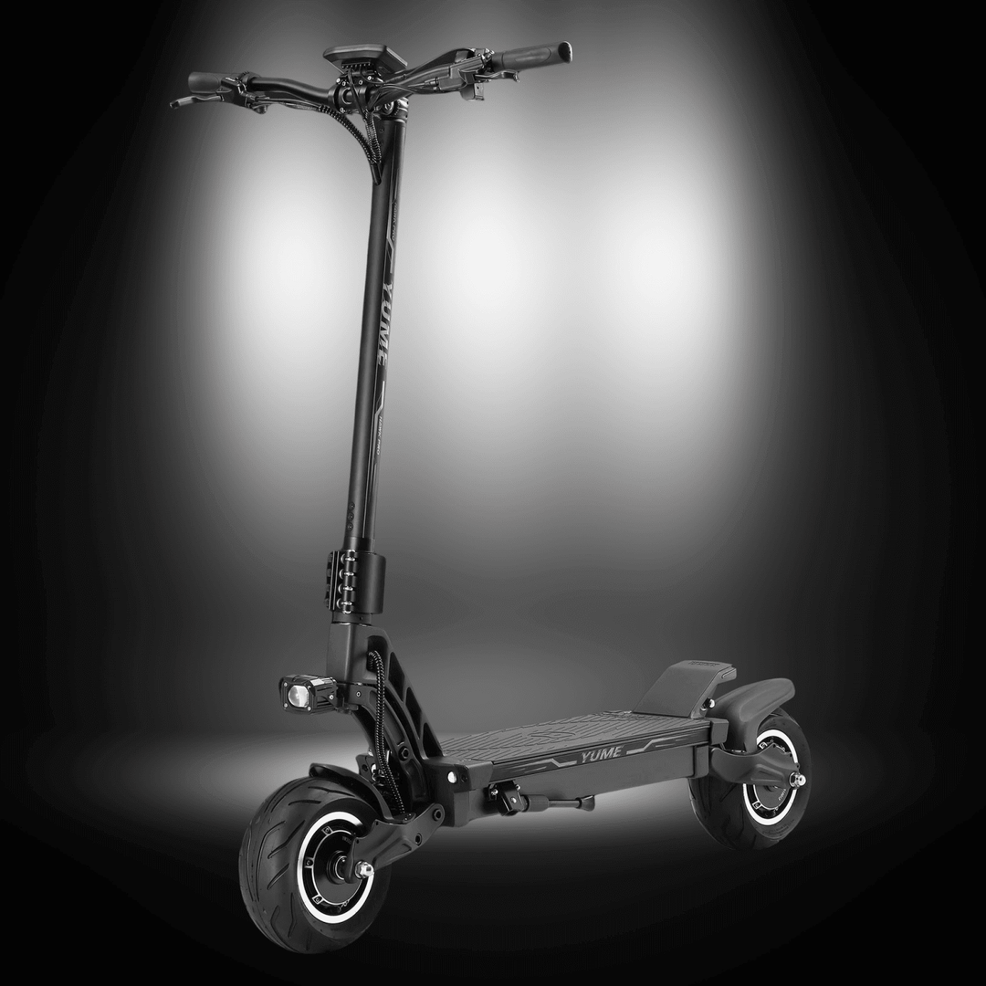 Yume Swift electric scooter showcased in a spotlight, highlighting its sleek design and features.