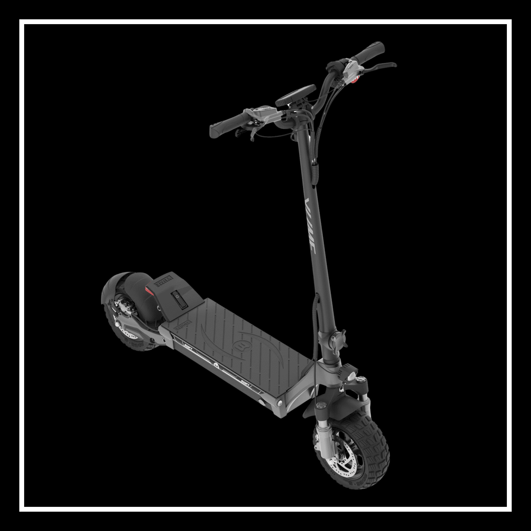 Yume Swift electric scooter on a black background showcasing its sleek design and sturdy build.