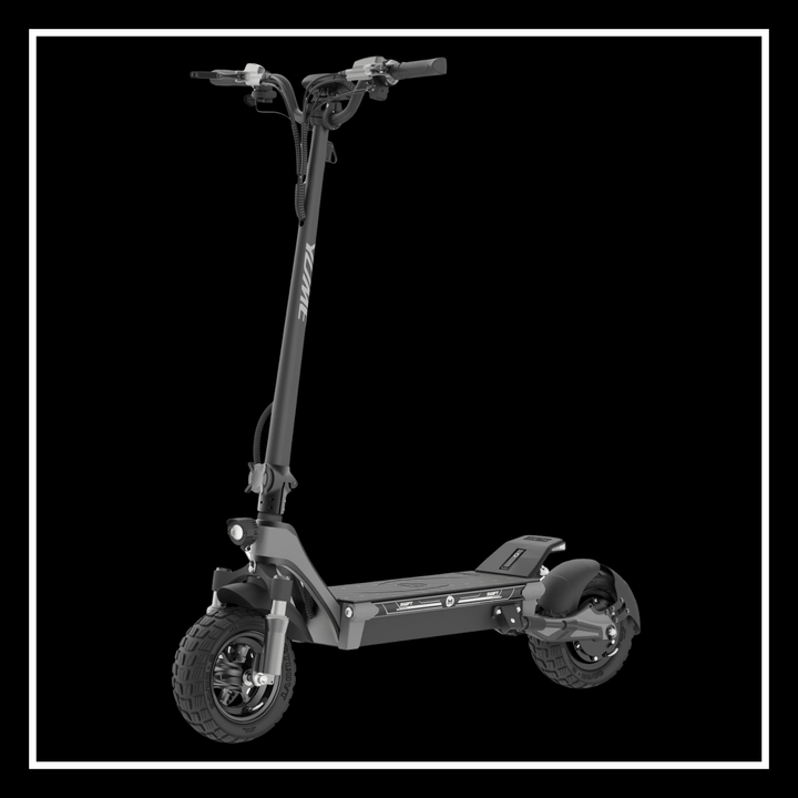 Yume Swift electric scooter with sturdy design and off-road tires on a black backdrop.