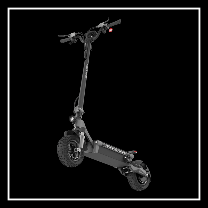 Yume Swift electric scooter displayed against a black background, showcasing its sleek design and sturdy tires.