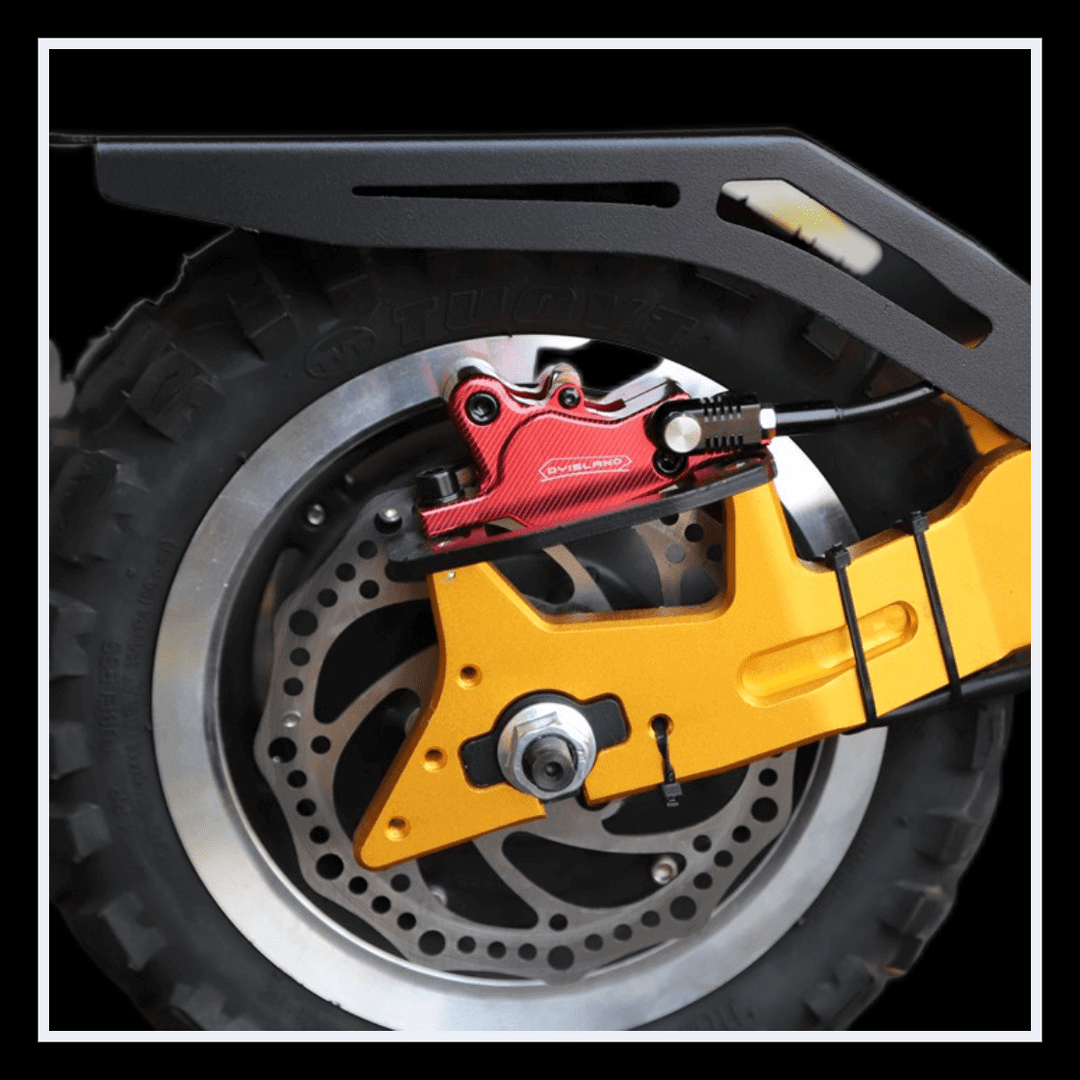 YUME X11+ electric scooter rear wheel with detailed brake system and tire design.