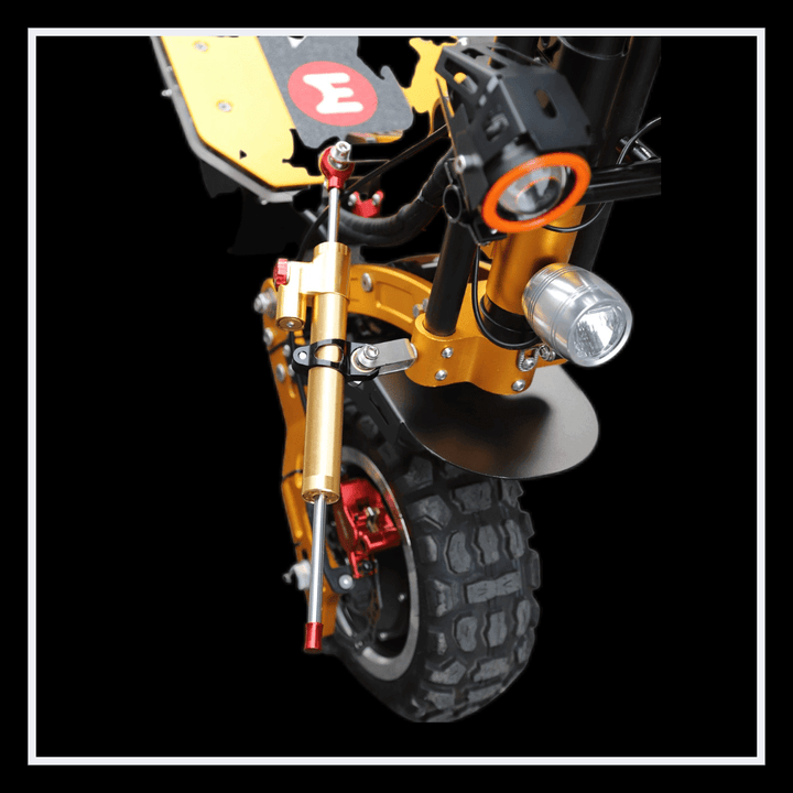 YUME X11+ electric scooter close-up of front wheel and suspension features