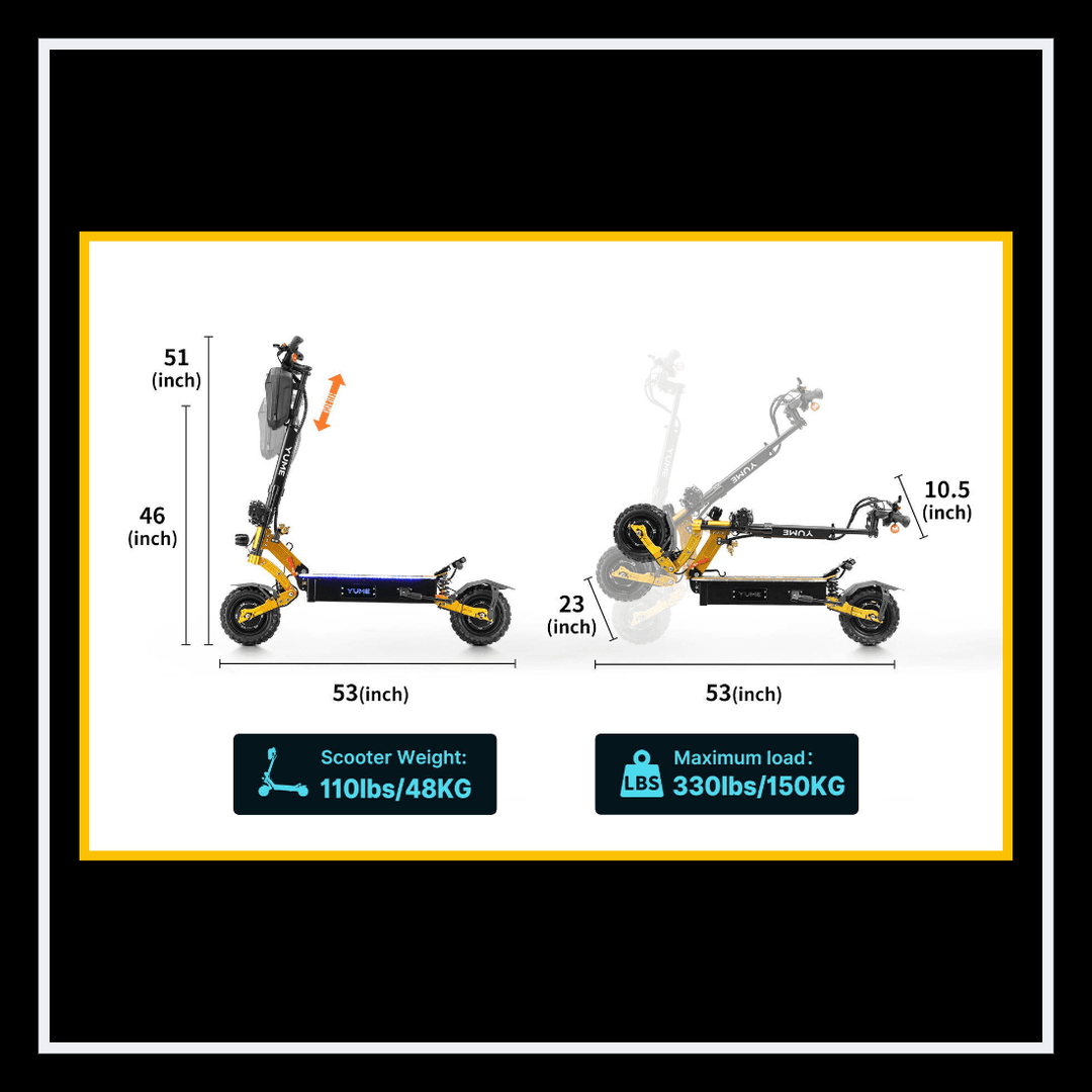 YUME X11+ electric scooter dimensions showing height, width, and weight specifications for better understanding.
