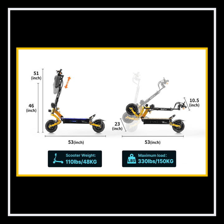 YUME X11+ electric scooter dimensions showing height, width, and weight specifications for better understanding.