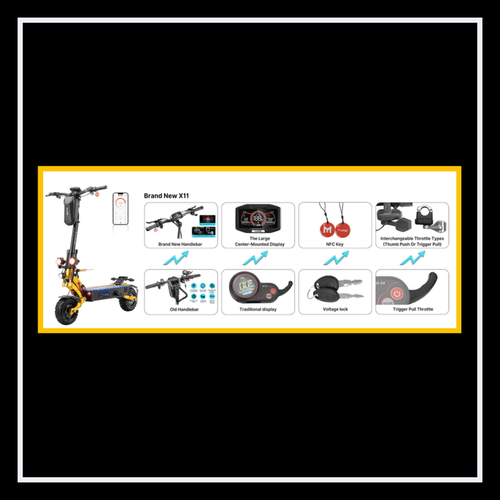 YUME X11+ electric scooter features display, handlebars, and key attachments for enhanced riding experience.