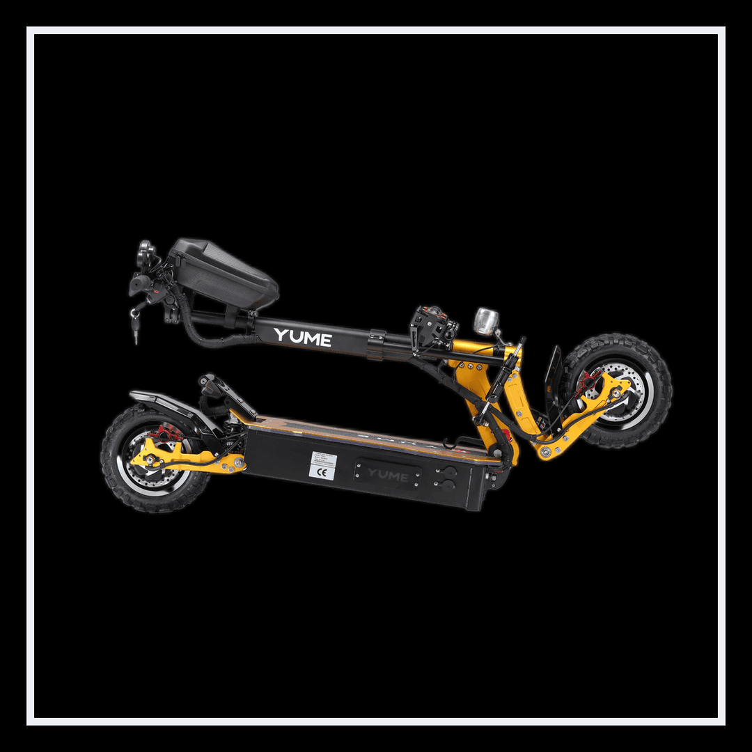YUME X11+ electric scooter showcased in a folded position with robust build and sleek design.
