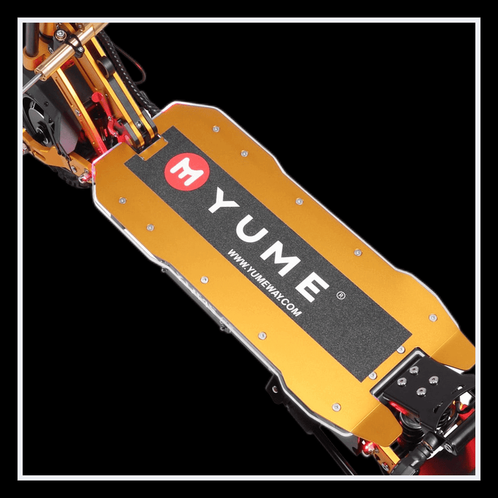 YUME X11+ electric scooter close-up of the deck showing logo and design features.