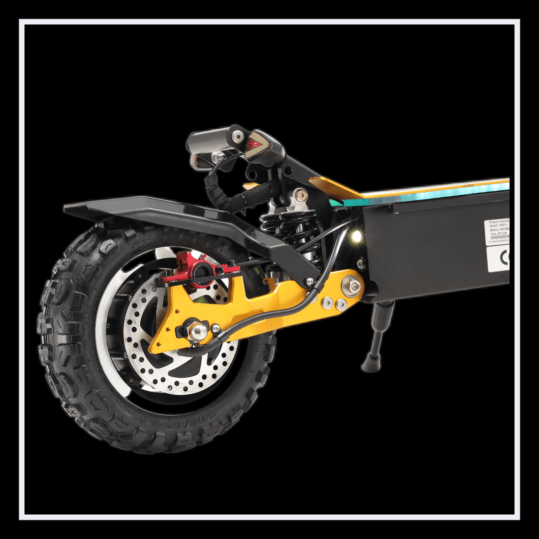 YUME X11+ electric scooter rear wheel and frame detail showcasing durable design and off-road capabilities.