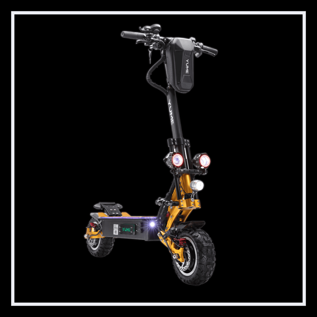 YUME X11+ electric scooter on display with robust tires and bright LED lights.