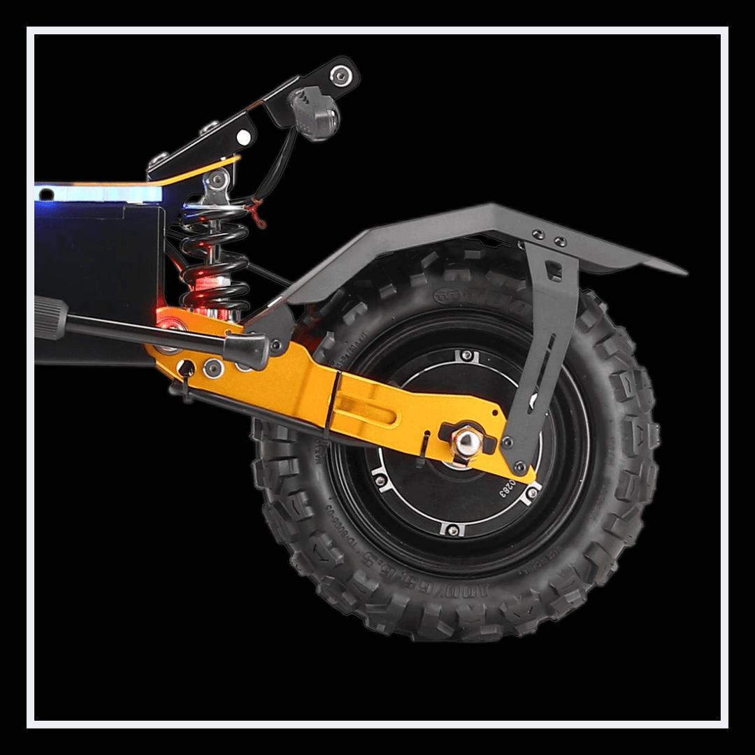 YUME X11+ electric scooter rear wheel and suspension system showcasing robust design and off-road capabilities.