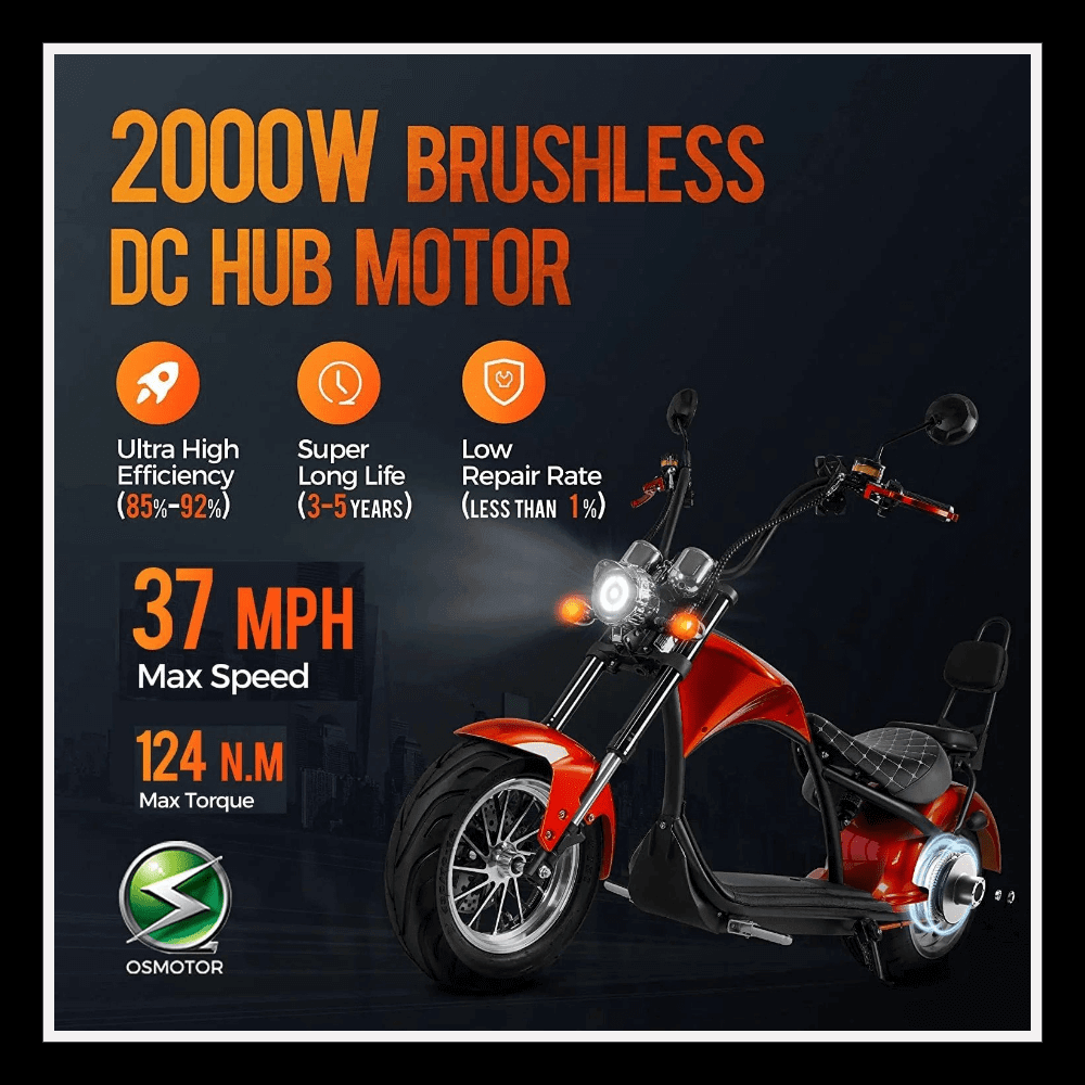 EAHORA MP1 two-seat electric motorcycle featuring a 2000W brushless DC hub motor with 37 MPH max speed and 124 N.M torque.