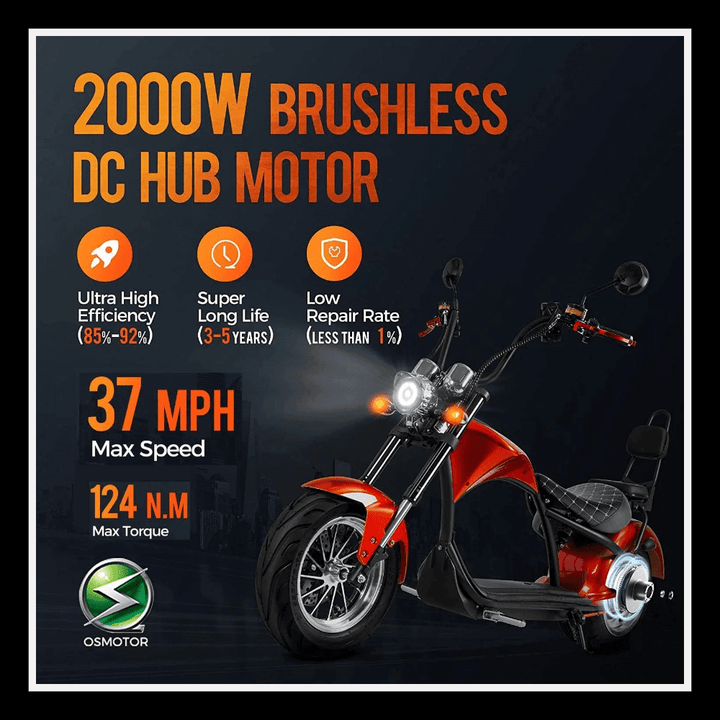 EAHORA MP1 two-seat electric motorcycle featuring a 2000W brushless DC hub motor with 37 MPH max speed and 124 N.M torque.