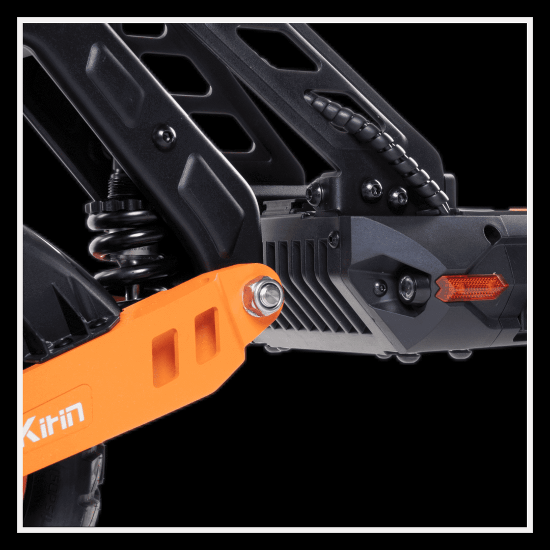 Close-up of the KUKIRIN G2 MAX electric scooter showcasing the rear suspension and frame details.