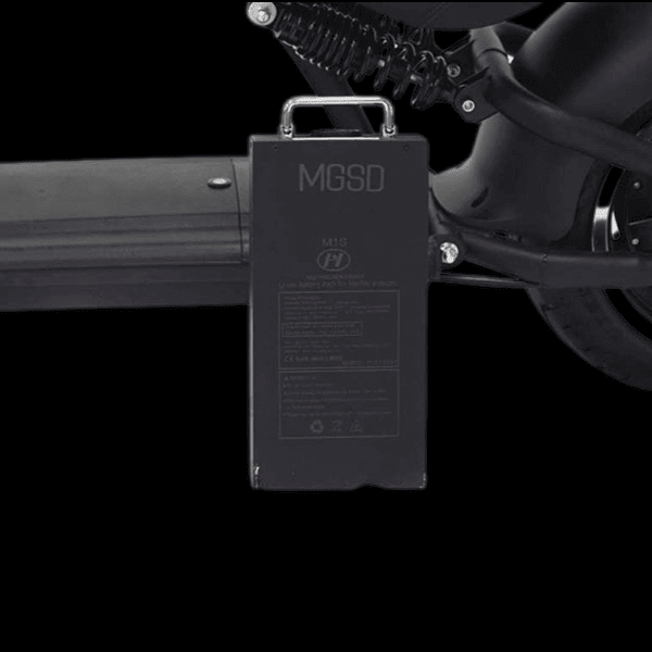 M1P electric chopper motorcycle battery pack showing MGSD branding and specifications.