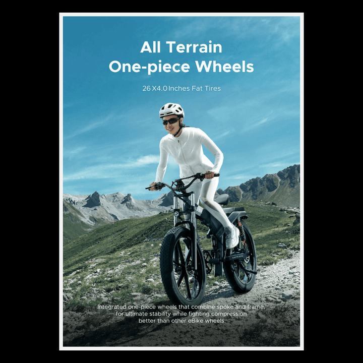 Engwe X26 electric bike features all terrain one-piece wheels with 26 X 4.0 inches fat tires for stability.