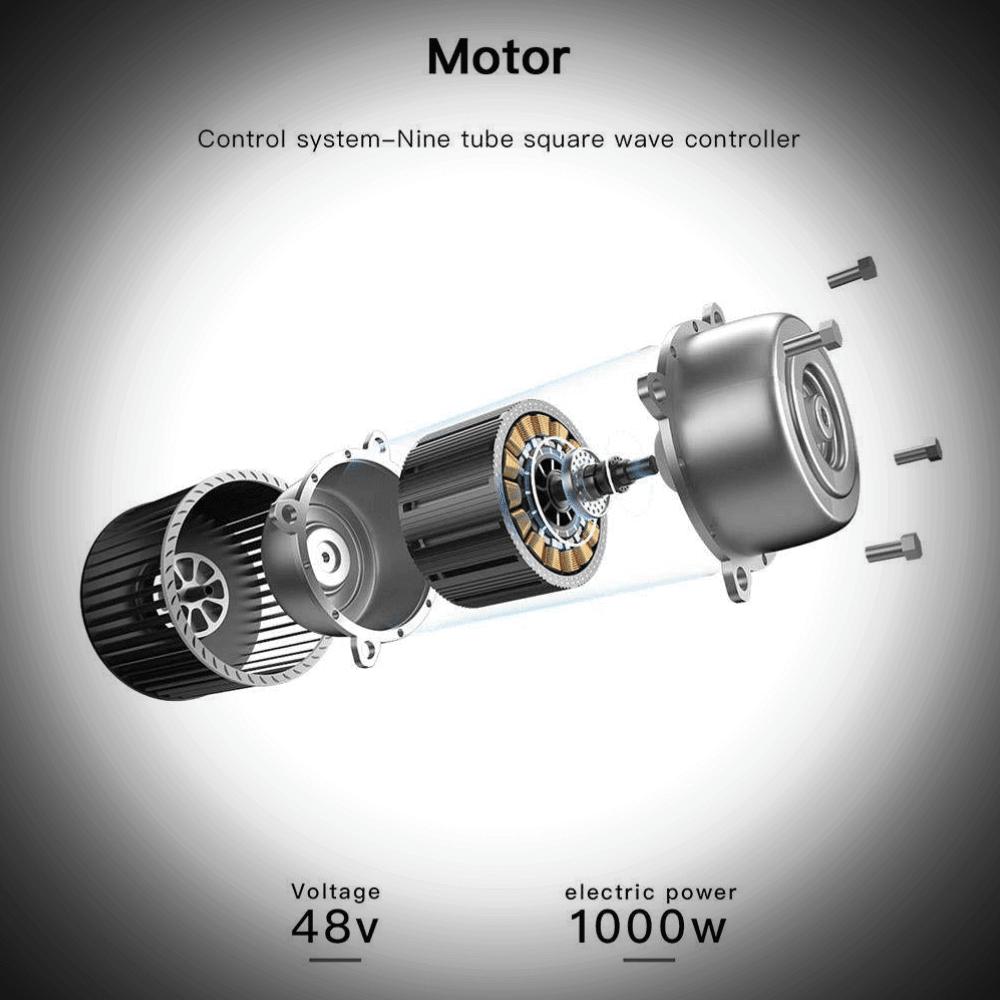 Exploded view of Bezior XF001 electric bike motor, showcasing components and specifications, including 48V and 1000W power.